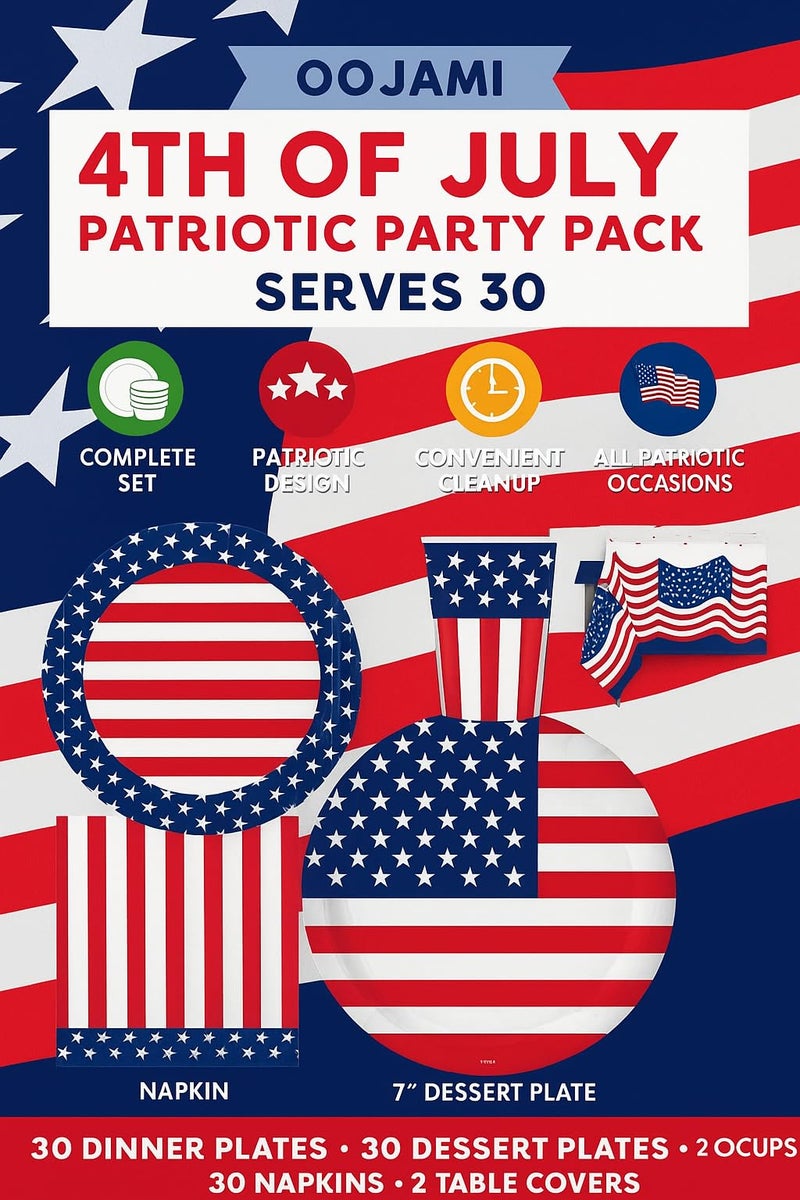 Oojami Serves 30 Party Pack 4th of July Patriotic American Stars and Stripes 9" Dinner Paper Plates 7" Dessert Paper Plates Cups Napkins 2 Table Cover 4th of July Party Supplies American Party Theme - Image 2